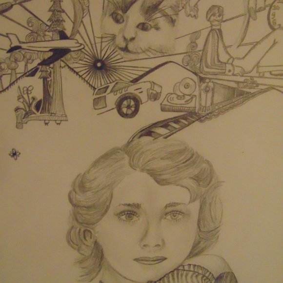 Girl Daydreaming, Original Pencil Sketch, Wood Frame, 12.5x15.5 - Picture 6 of 7